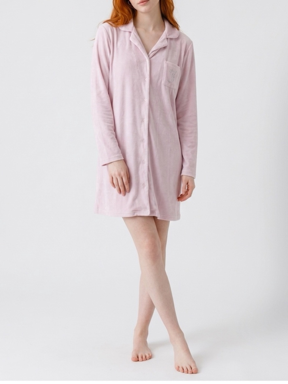 Juicy Couture Women's Pink Velour Button Front Rhinestone Logo Sleepshirt M